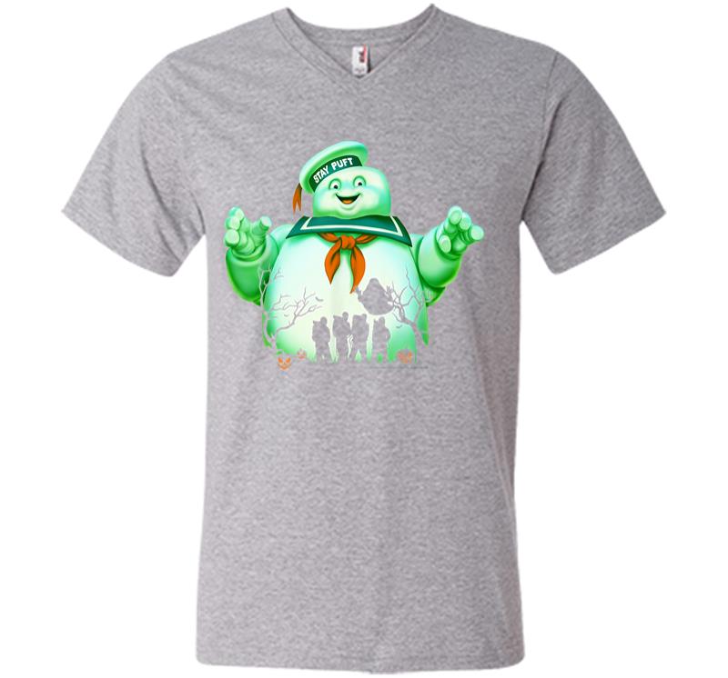 Inktee Store - Ghostbusters Marshmallow Man Group Shot Silhouette V-Neck T-Shirt Image