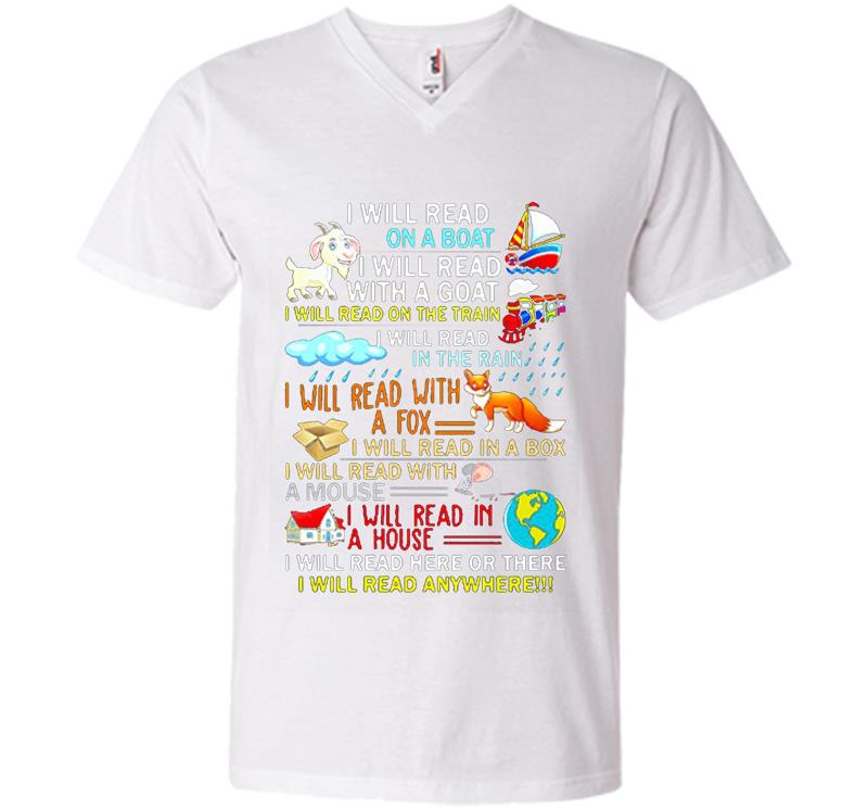Inktee Store - I Will Read Here Or There I Will Read Anywhere V-Neck T-Shirt Image