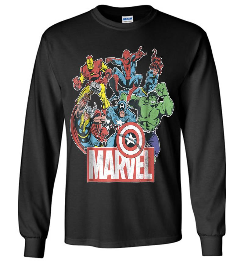 Marvel Avengers Team Retro Comic Vintage Graphic Long Sleeve T-shirt
