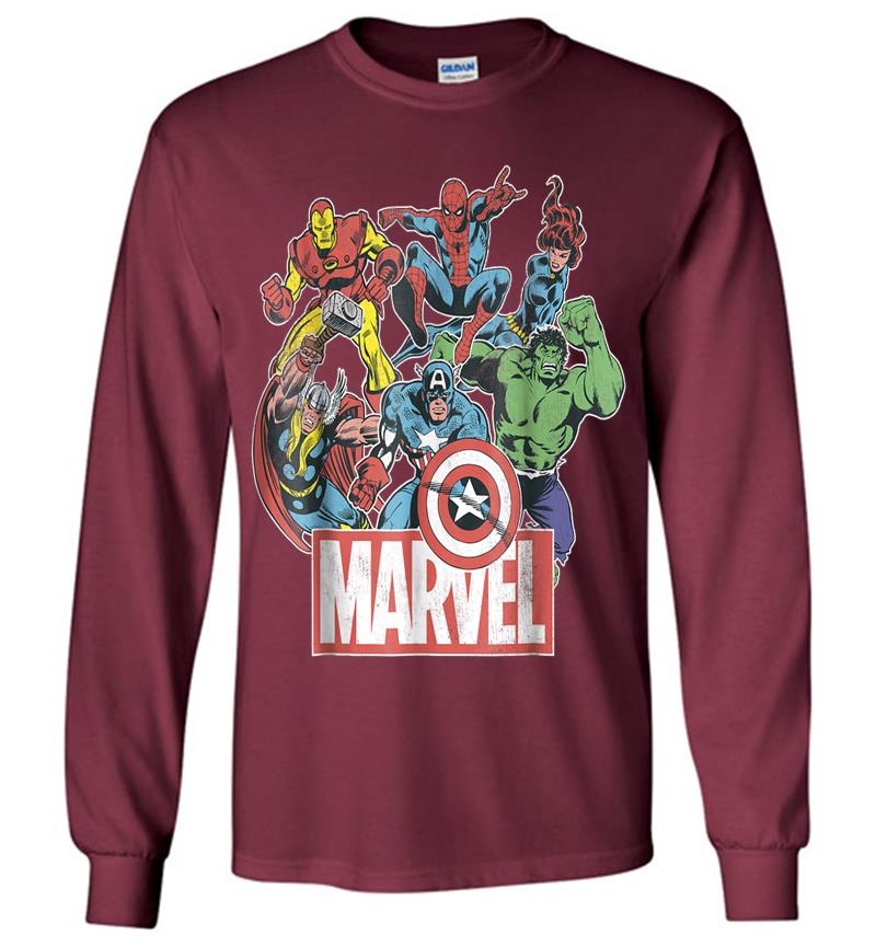 Inktee Store - Marvel Avengers Team Retro Comic Vintage Graphic Long Sleeve T-Shirt Image