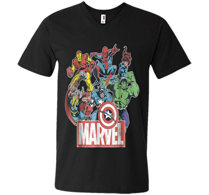 Marvel Avengers Team Retro Comic Vintage Graphic V-neck T-shirt