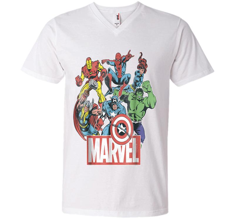 Inktee Store - Marvel Avengers Team Retro Comic Vintage Graphic V-Neck T-Shirt Image
