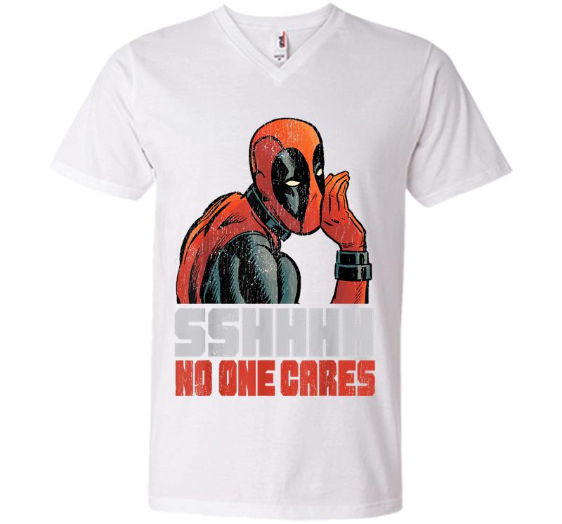 Inktee Store - Marvel Deadpool Sshhhh No One Cares Whisper Graphic V-Neck T-Shirt Image