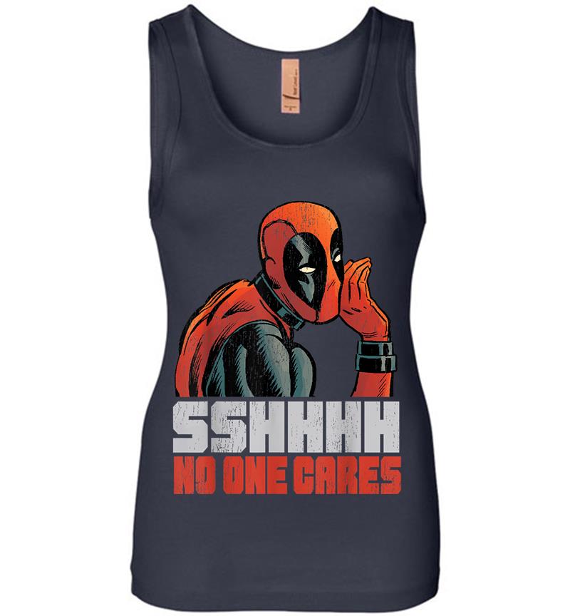 Inktee Store - Marvel Deadpool Sshhhh No One Cares Whisper Graphic Womens Jersey Tank Top Image