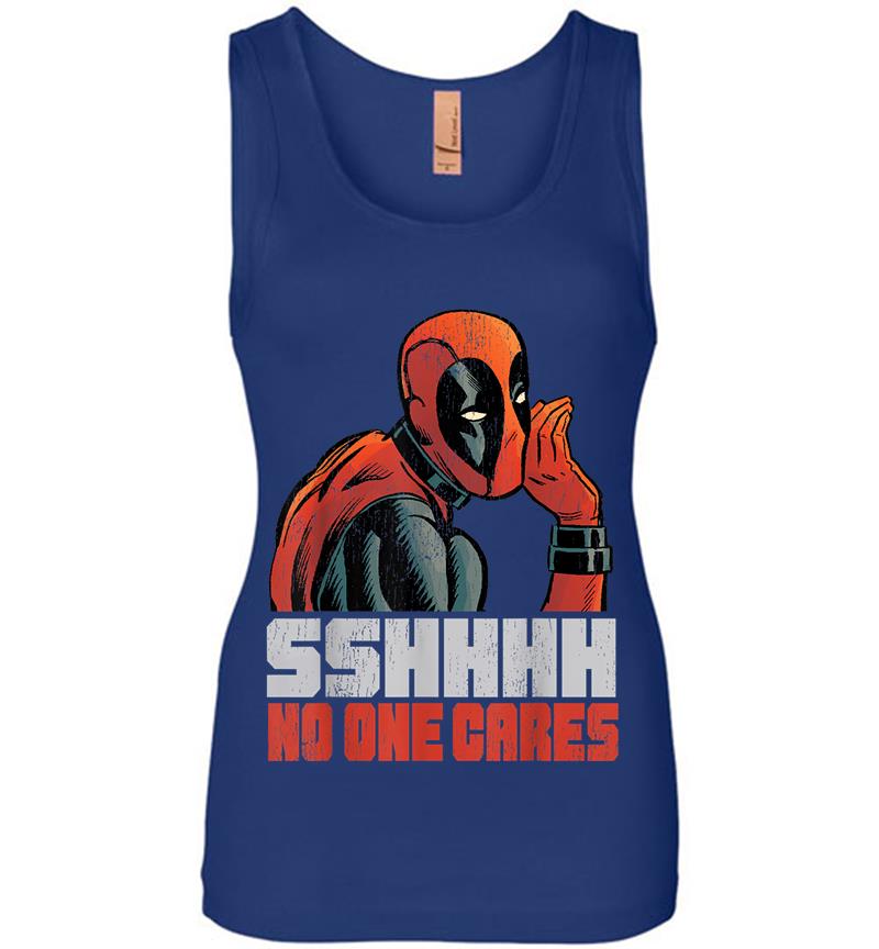 Inktee Store - Marvel Deadpool Sshhhh No One Cares Whisper Graphic Womens Jersey Tank Top Image