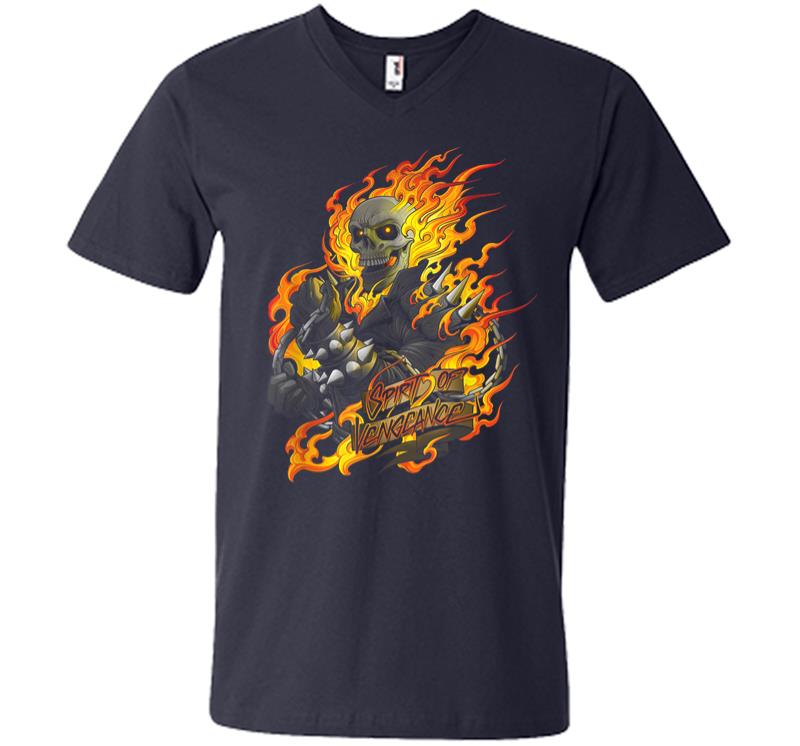 Inktee Store - Marvel Ghost Rider Spirit Of Vengeance Flaming Skull V-Neck T-Shirt Image