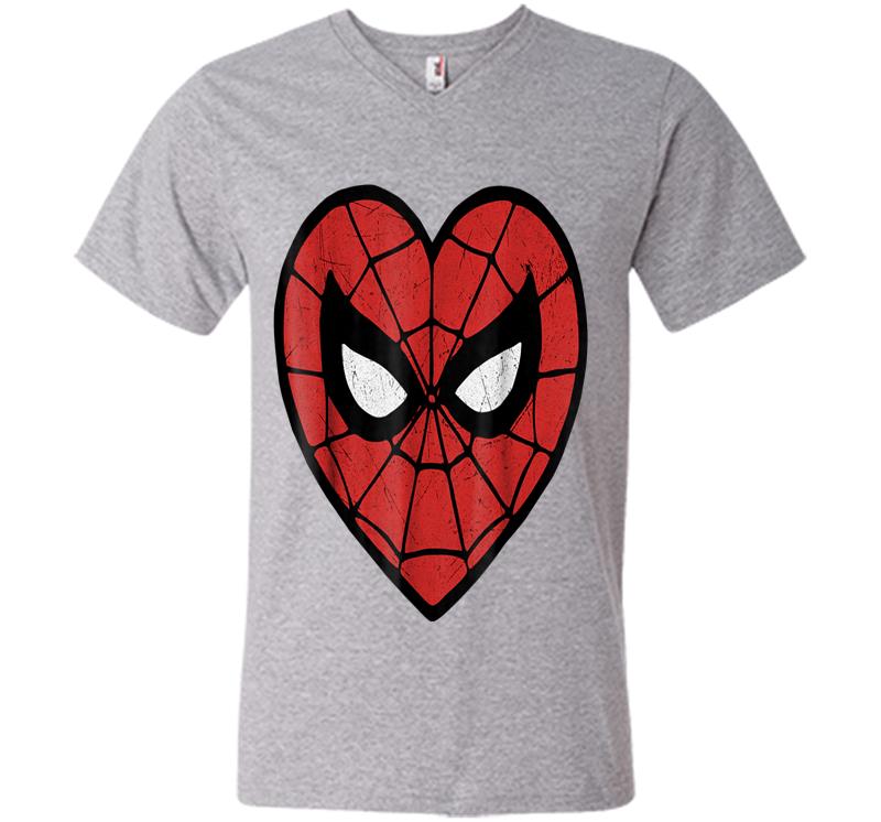 Inktee Store - Marvel Spider-Man Face Mask Valentine'S Heart Logo V-Neck T-Shirt Image