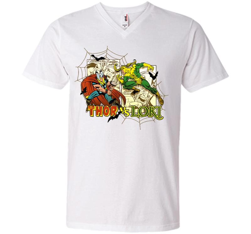 Inktee Store - Marvel Thor Loki Halloween Bats Webs Retro V-Neck T-Shirt Image