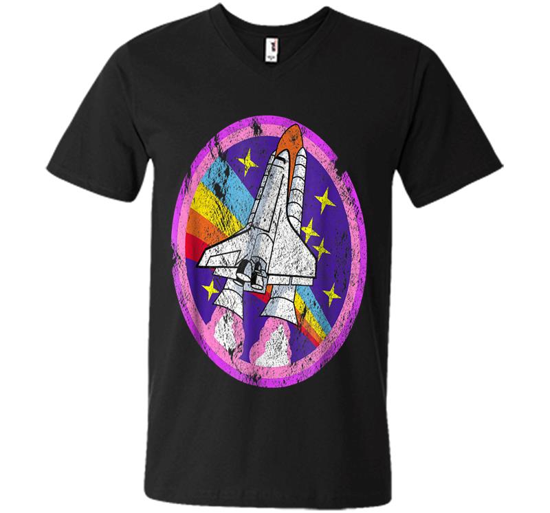 Nasa Space Cool Distressed Rocket Rainbow Patch V-neck T-shirt