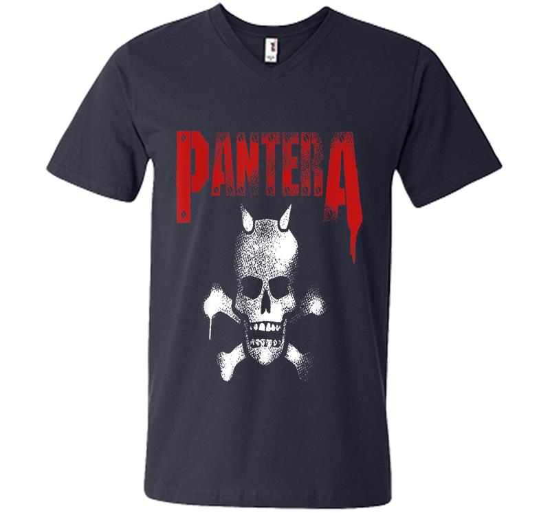Inktee Store - Pantera Official Horned Skull Stencil V-Neck T-Shirt Image
