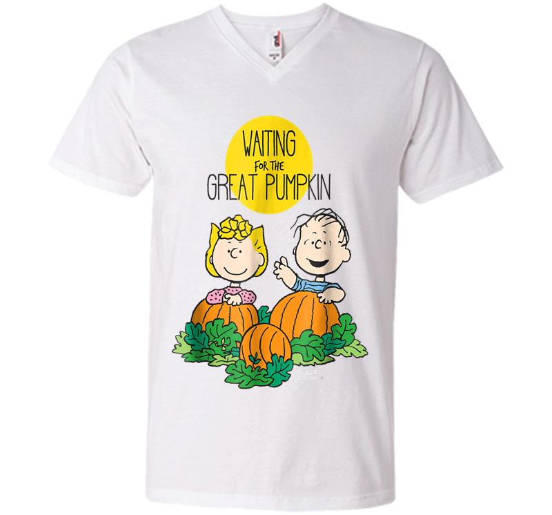 Inktee Store - Peanuts Waiting Great Pumpkin V-Neck T-Shirt Image