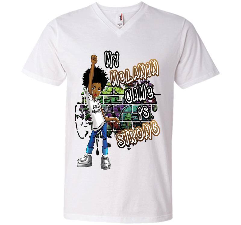 Inktee Store - Phenomenal Woman My Melanin Game Is Strong Black Girl Magic V-Neck T-Shirt Image