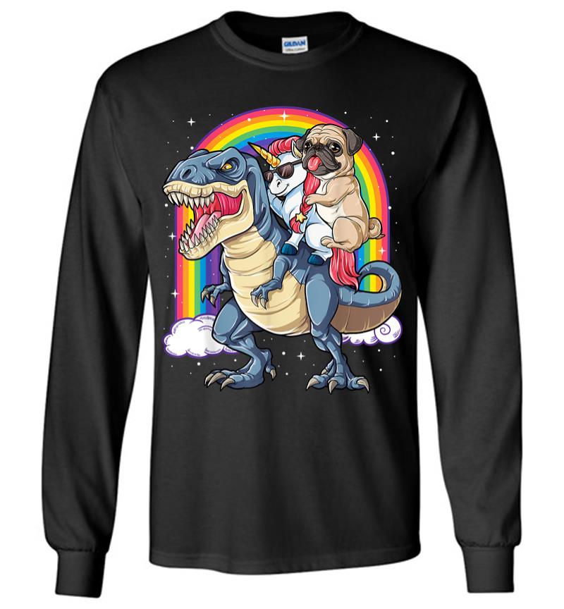 Pug Unicorn Dinosaur T-Rex Kids Girls Women Rainbow Long Sleeve T-shirt