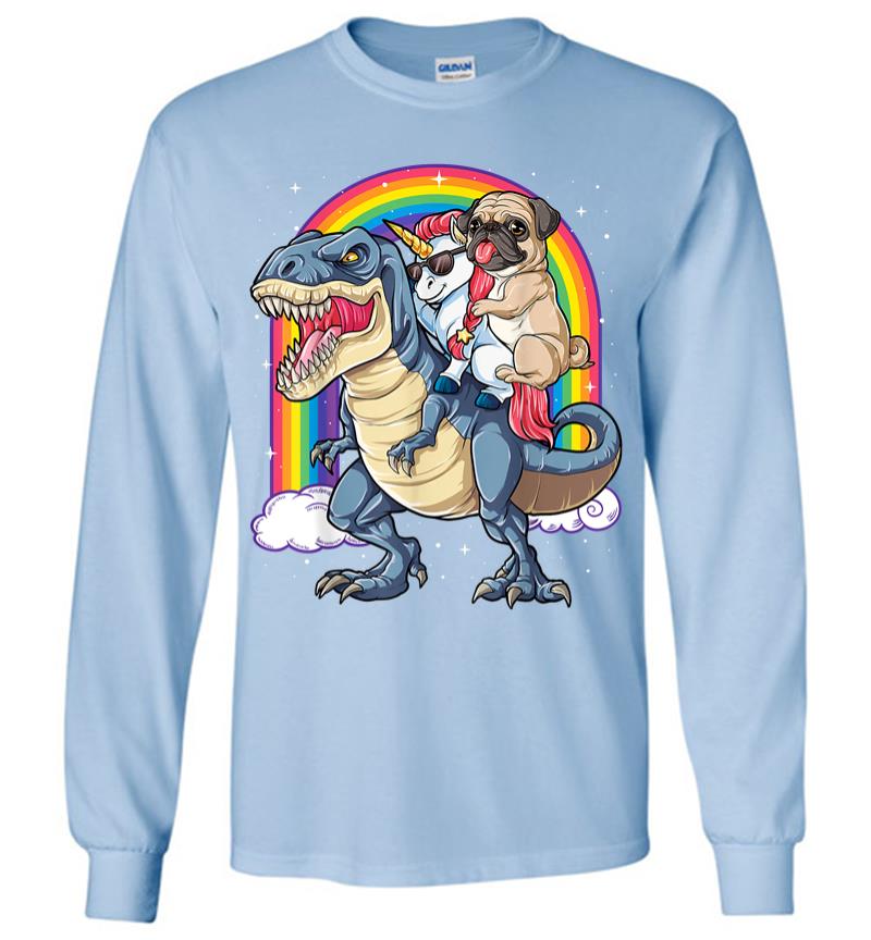 Inktee Store - Pug Unicorn Dinosaur T-Rex Kids Girls Women Rainbow Long Sleeve T-Shirt Image