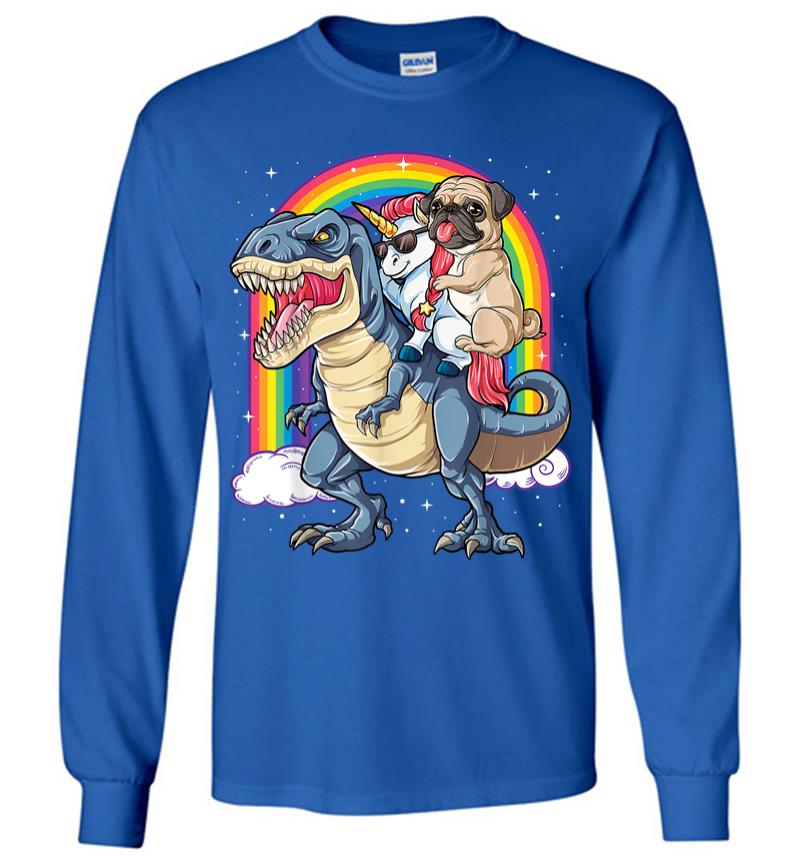 Inktee Store - Pug Unicorn Dinosaur T-Rex Kids Girls Women Rainbow Long Sleeve T-Shirt Image