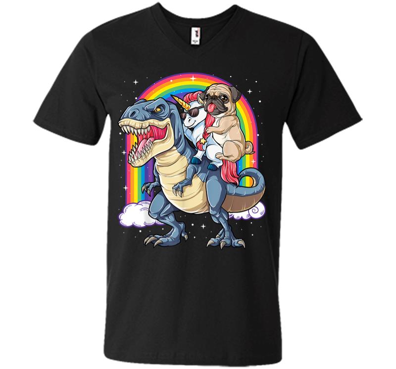 Pug Unicorn Dinosaur T-Rex Kids Girls Women Rainbow V-neck T-shirt