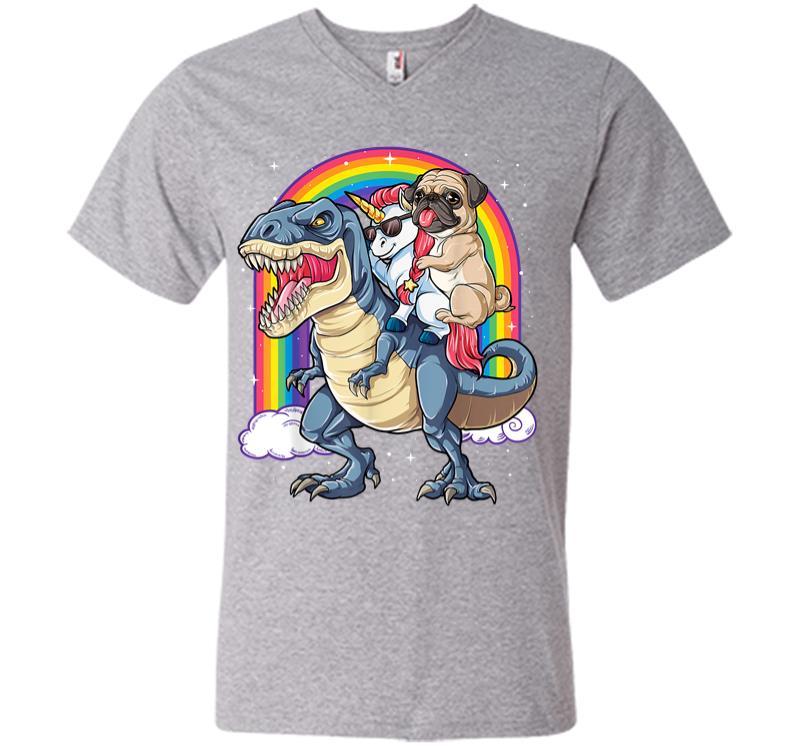 Inktee Store - Pug Unicorn Dinosaur T-Rex Kids Girls Women Rainbow V-Neck T-Shirt Image