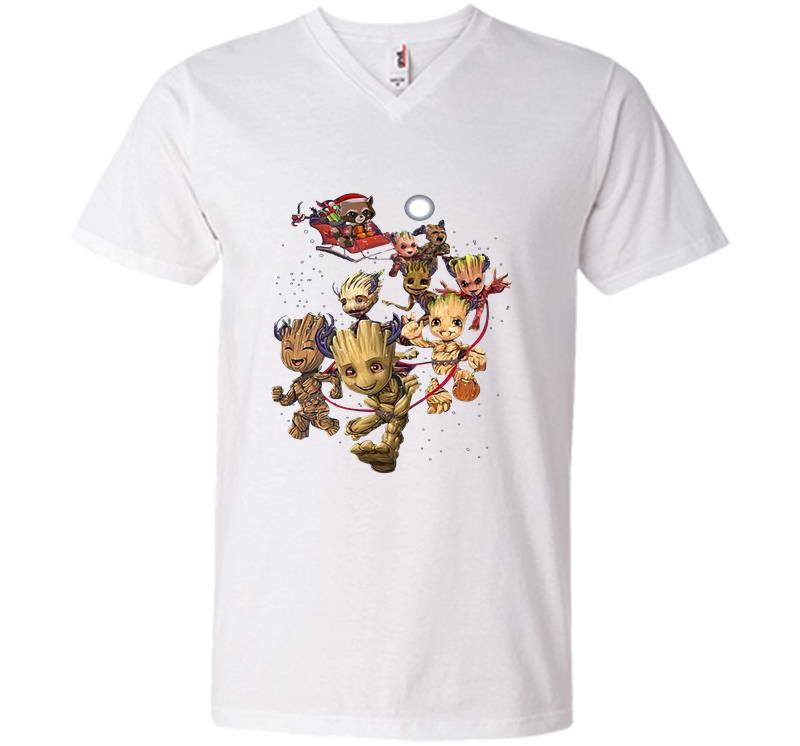 Inktee Store - Raccoon Santa And Groot Reindeer Christmas V-Neck T-Shirt Image