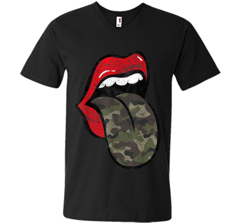 Red Lips Camo Tongue Distressed Trendy Grunge V-Neck T-Shirt