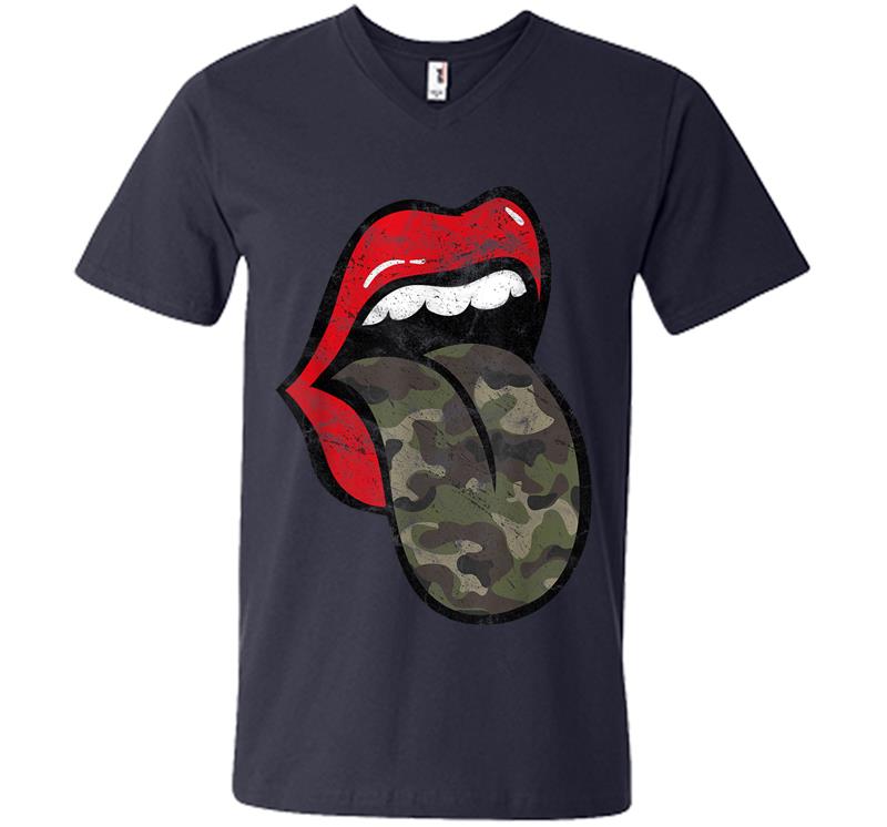 Inktee Store - Red Lips Camo Tongue Distressed Trendy Grunge V-Neck T-Shirt Image