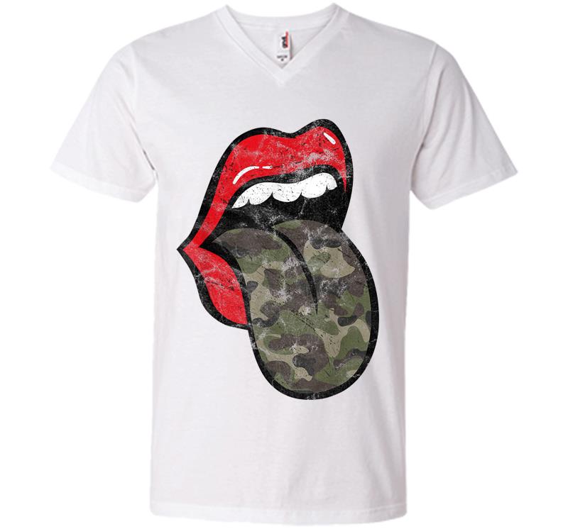 Inktee Store - Red Lips Camo Tongue Distressed Trendy Grunge V-Neck T-Shirt Image