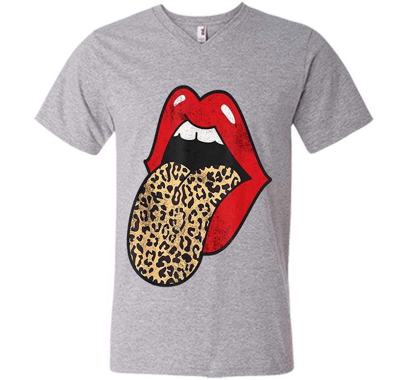 Inktee Store - Red Lips Leopard Tongue Cheetah Animal Print Trendy Graphic V-Neck T-Shirt Image