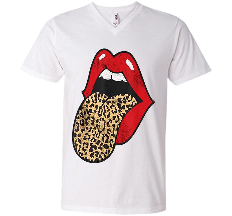Inktee Store - Red Lips Leopard Tongue Cheetah Animal Print Trendy Graphic V-Neck T-Shirt Image