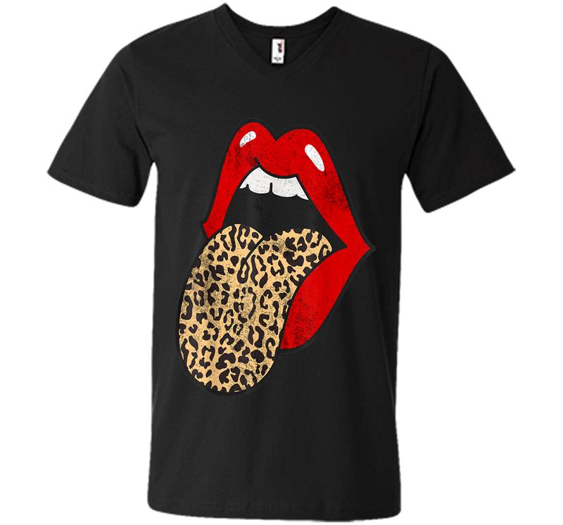 Red Lips Leopard Tongue Trendy Animal Print V-Neck T-Shirt