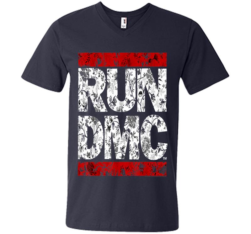 Inktee Store - Run Dmc Official Floral Red Logo V-Neck T-Shirt Image