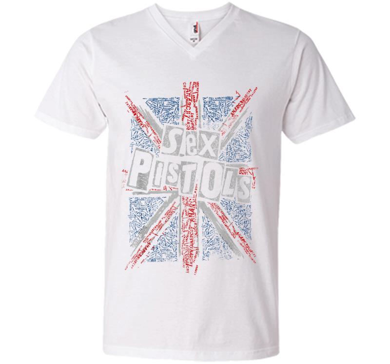 Inktee Store - Sex Pistols Official Union Jack Words V-Neck T-Shirt Image