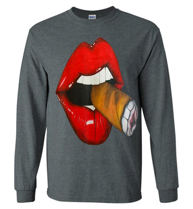 Inktee Store - Sexy Smoke Cuban Cigar Vixen Red Lips Smoking Long Sleeve T-Shirt Image