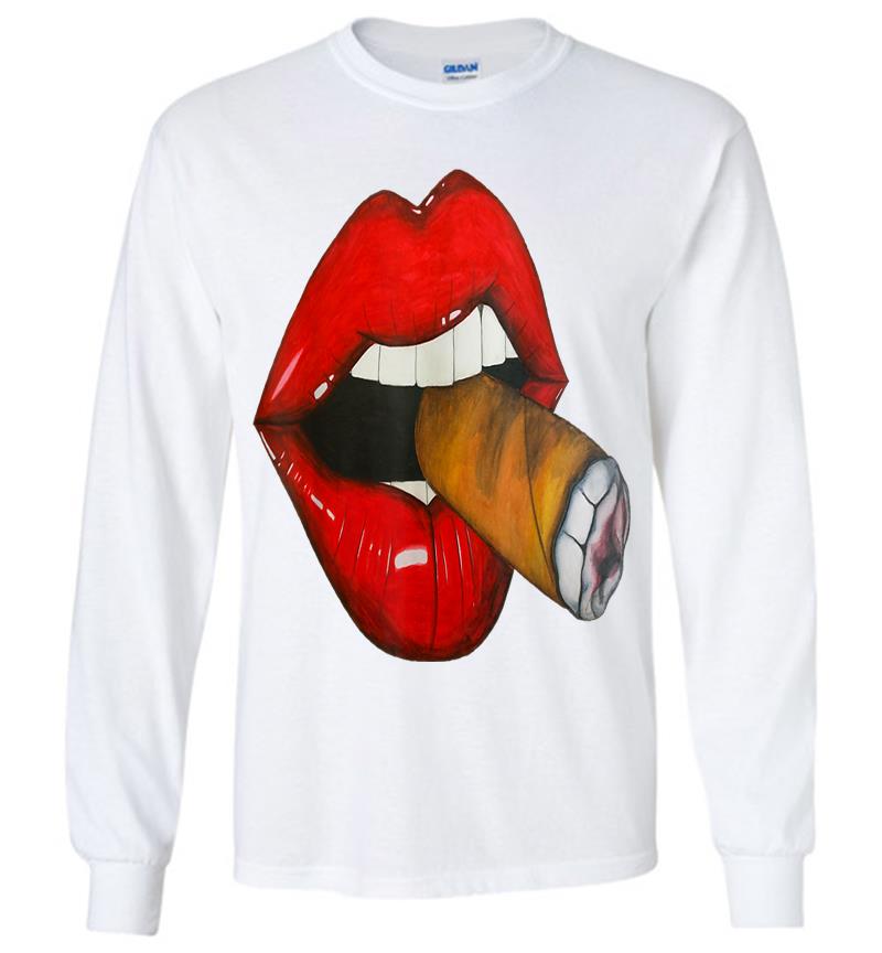 Inktee Store - Sexy Smoke Cuban Cigar Vixen Red Lips Smoking Long Sleeve T-Shirt Image