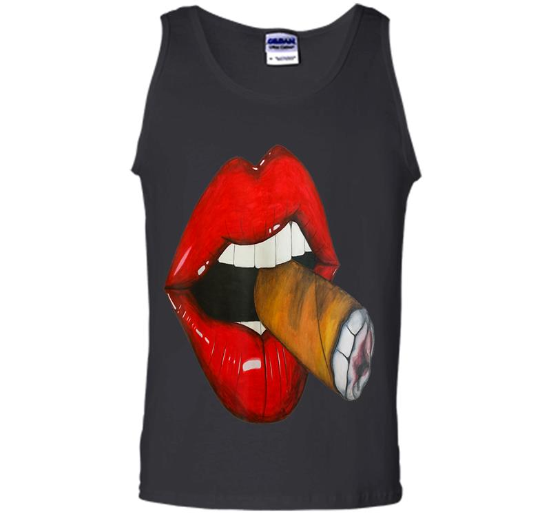 Inktee Store - Sexy Smoke Cuban Cigar Vixen Red Lips Smoking Mens Tank Top Image