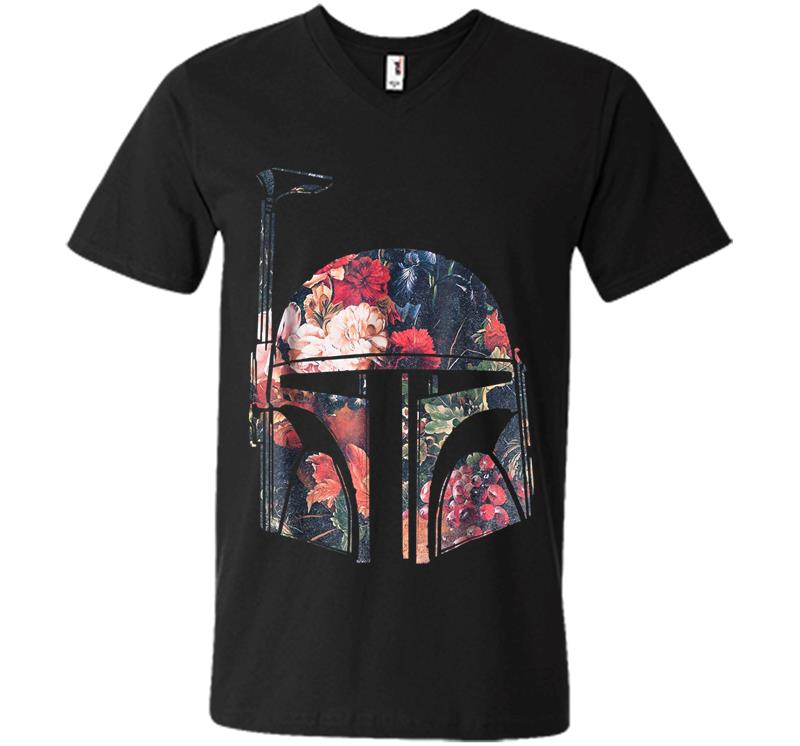Star Wars Boba Fett Floral Print Helmet Graphic V-Neck T-Shirt