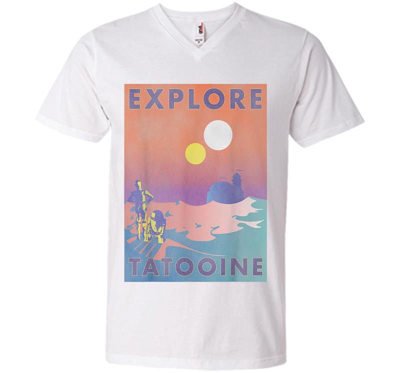 Inktee Store - Star Wars Explore Tatooine Faded Retro C-3Po &Amp; R2-D2 Poster V-Neck T-Shirt Image