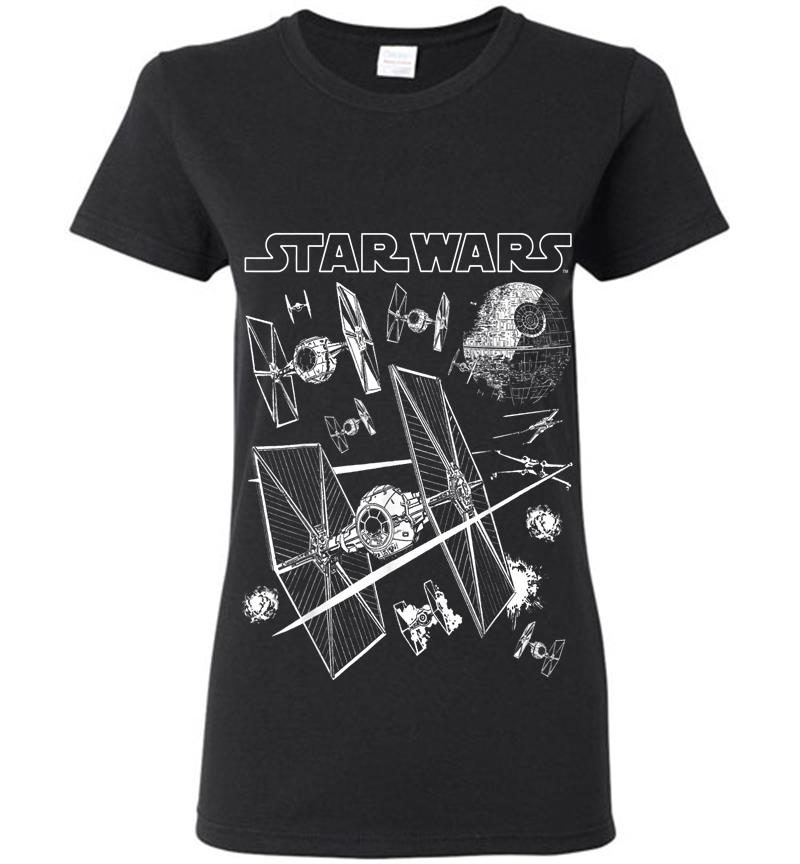 Star Wars X-Wings Chase Tie Fighters Death Star Logo Womens T-Shirt