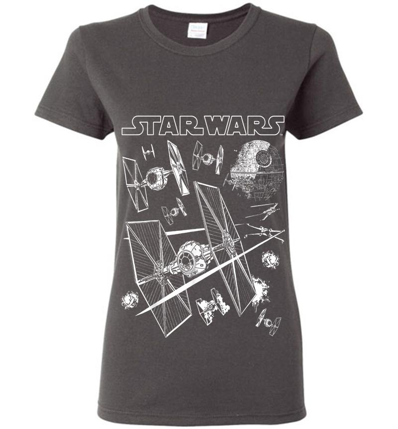 Inktee Store - Star Wars X-Wings Chase Tie Fighters Death Star Logo Womens T-Shirt Image