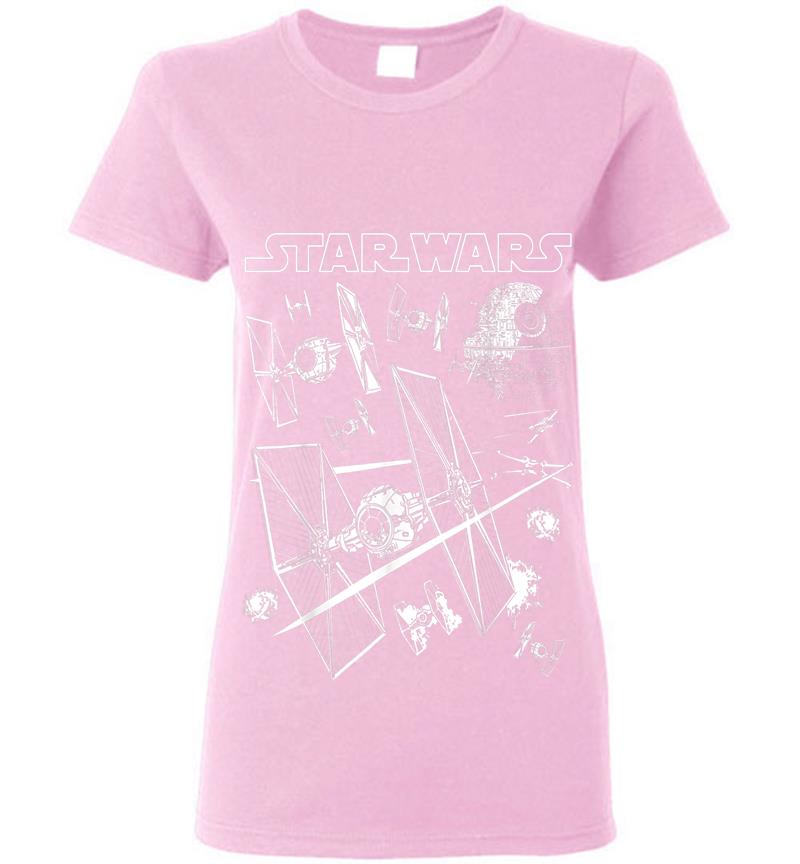 Inktee Store - Star Wars X-Wings Chase Tie Fighters Death Star Logo Womens T-Shirt Image