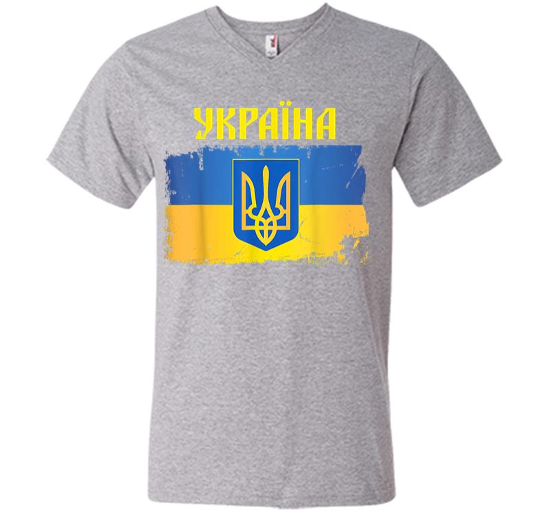 Inktee Store - Ukraine Flag Trident Cyrillic Font Patriotic Gift Ukrainians V-Neck T-Shirt Image