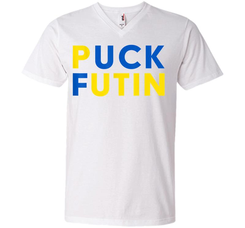 Inktee Store - Ukrainian Flag Puck Futin I Stand With Ukraine V-Neck T-Shirt Image
