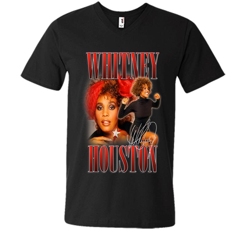 Whitney Houston Official 90's Red Retro Homage V-neck T-shirt