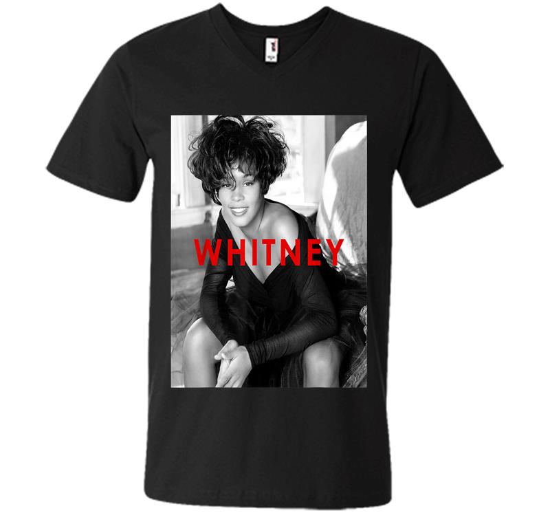 Whitney Houston Official B&w Photo Red Title V-neck T-shirt