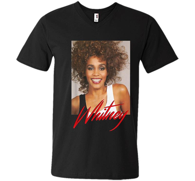 Whitney Houston Official Smile Photo Red Signature V-neck T-shirt
