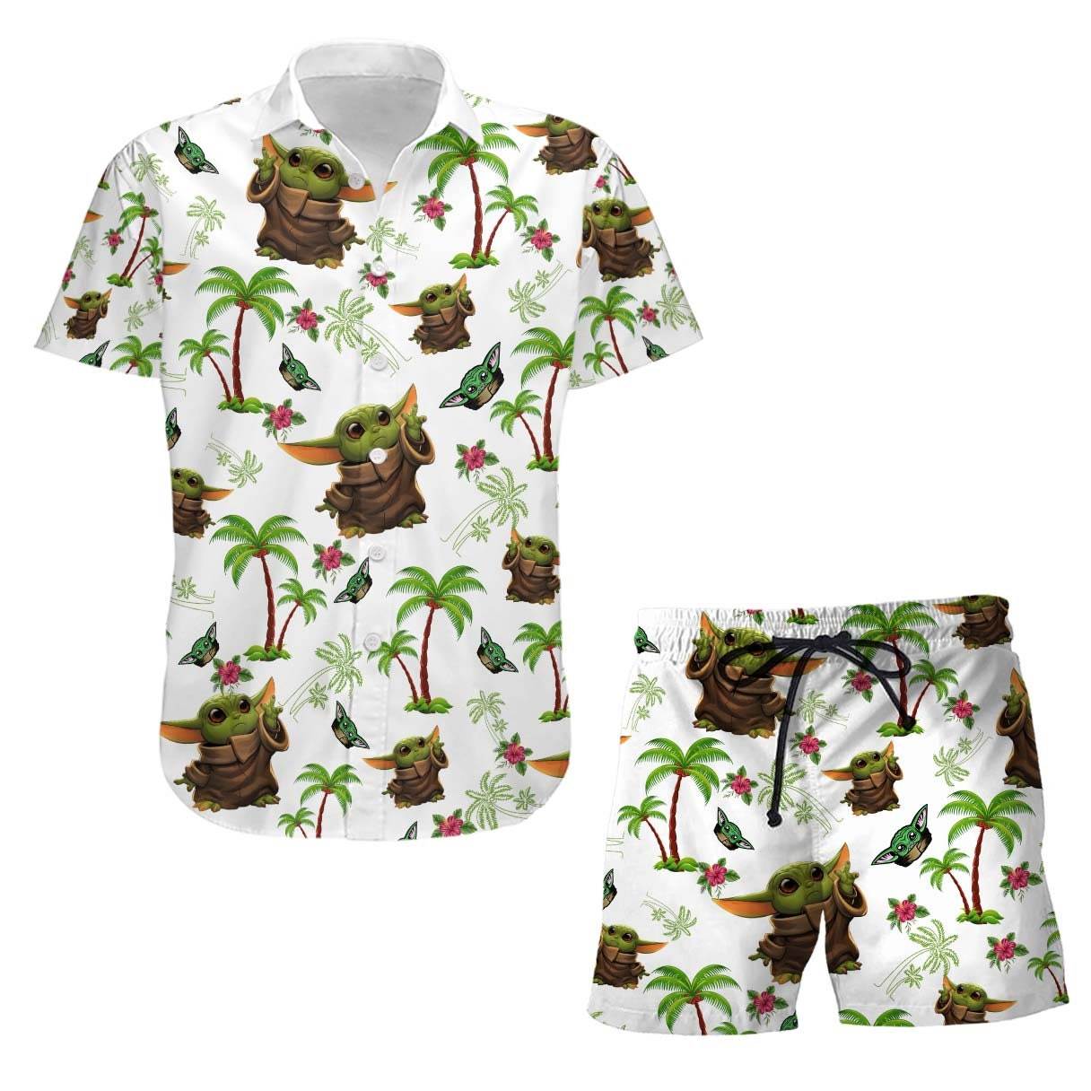 Baby Yoda Palm Trees Disney Summer Tropical Print Vacation Shorts Set Unisex Cartoon Graphic Outfits Men Women Hawaiian shirts