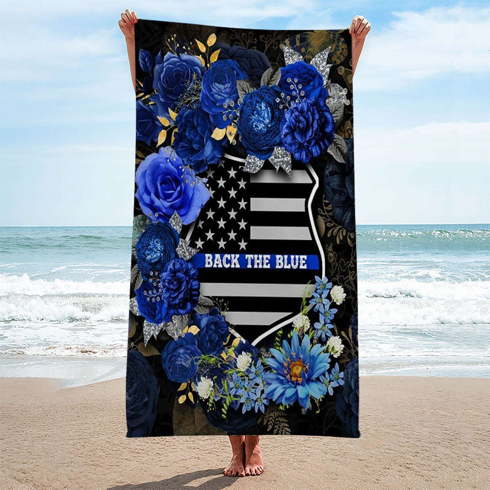 Back The Blue Flower Beach Towel