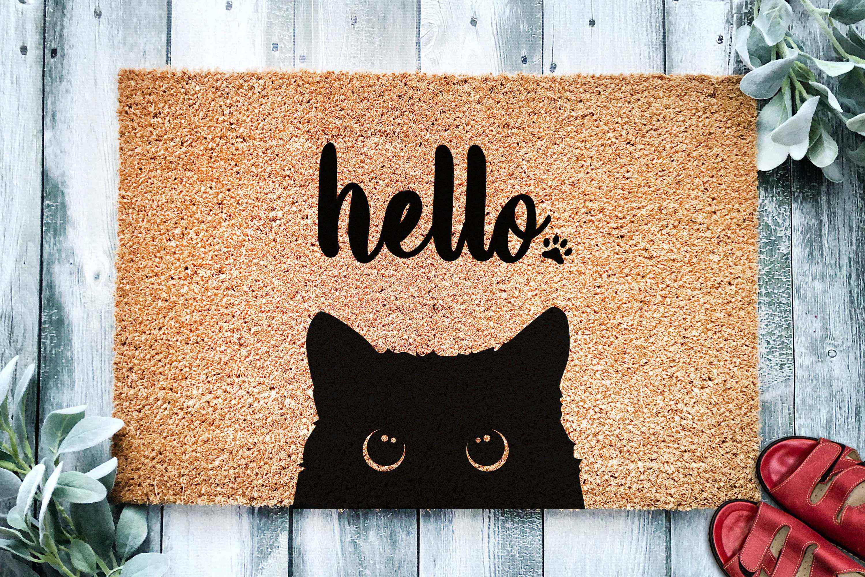 Black Cat Bombay Hello Cute Cat Peeking Welcome Mat Doormat