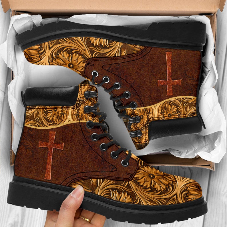 God Cross Leather Carving Style Vintage Boots Custom Wood Cross All Season Boot