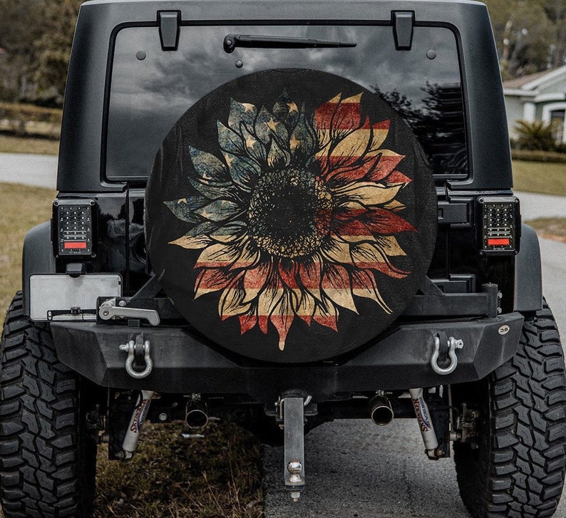 Sunflower American Flag Hippie Tire Cover